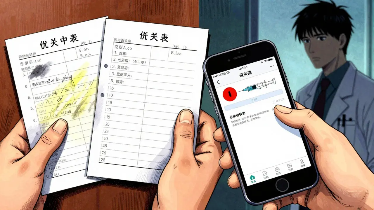 Hands comparing old and new medication lists, with a smartphone showing a warning icon and a missing syringe in the background.