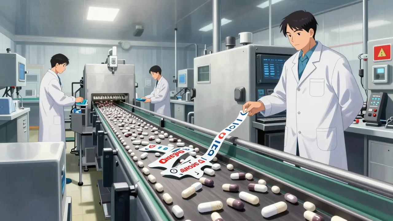 Identical pills produced on the same factory line, some with brand labels being removed.