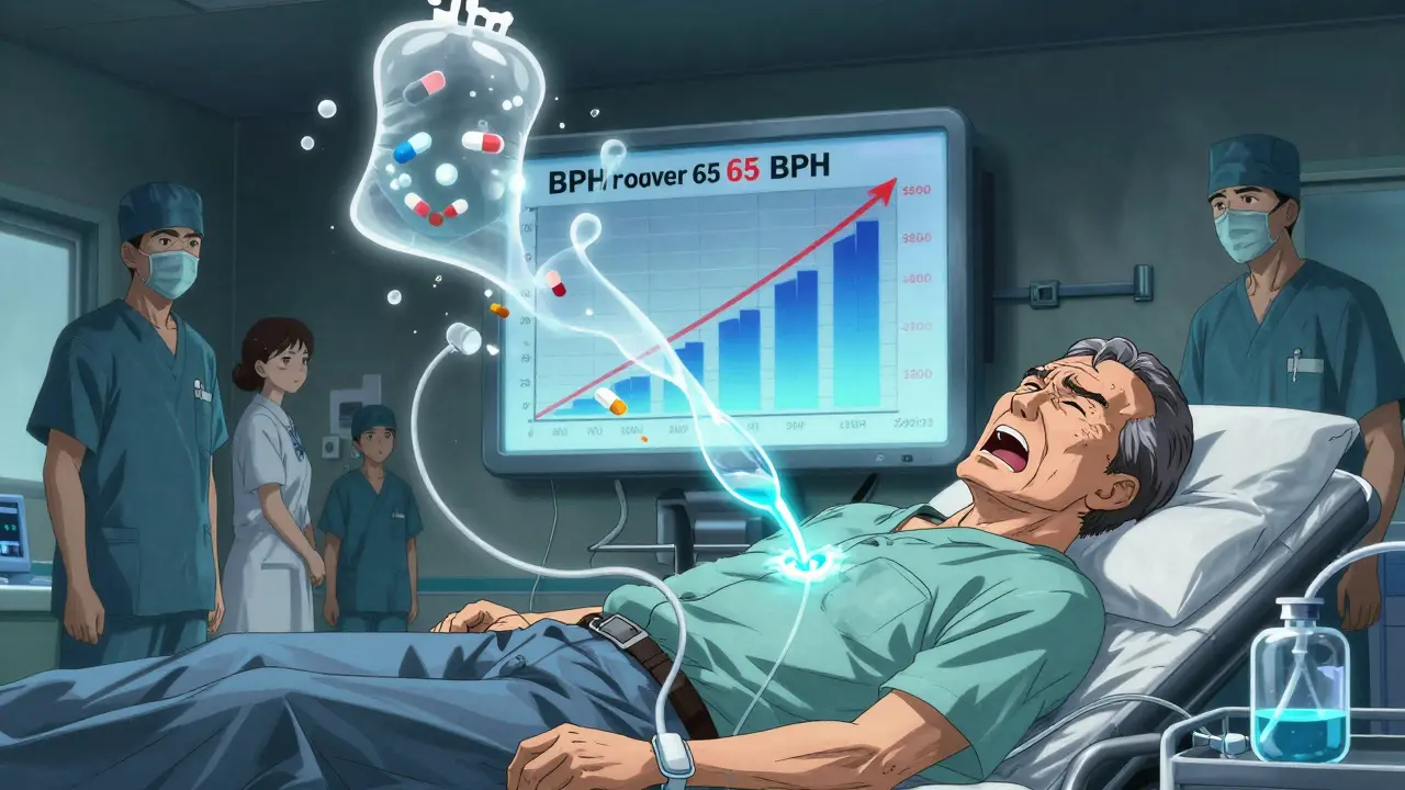 Man being catheterized in ER, ghostly pills dissolving, glowing catheter tube, medical staff nearby, rising retention rate graph in background.