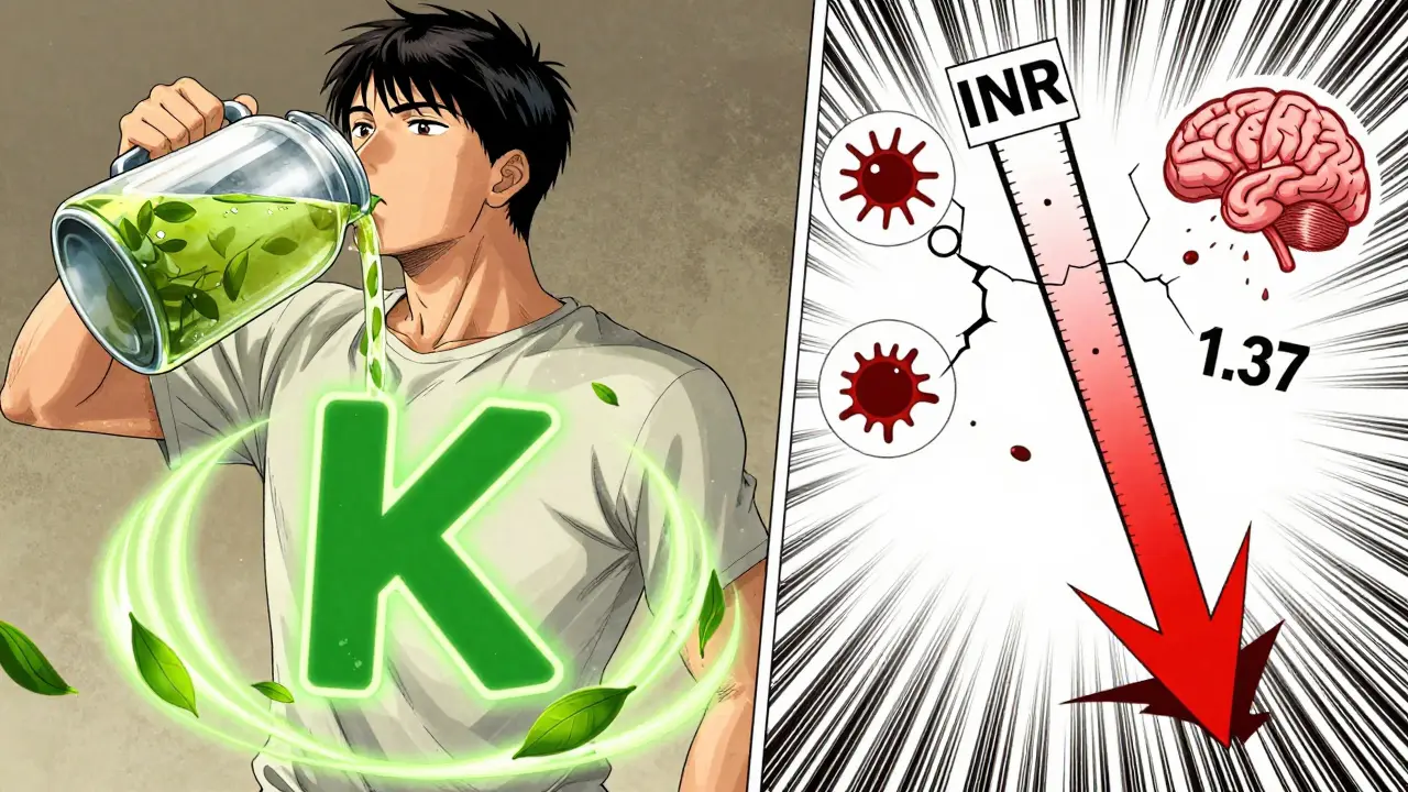 Man drinking a gallon of green tea as his INR plummets, with medical warning symbols in the background.