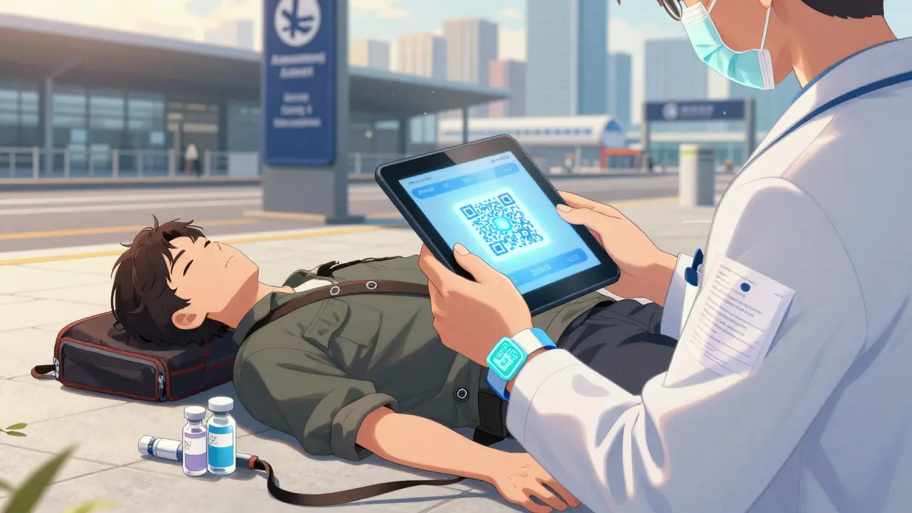 Medical alert bracelet being scanned by paramedic while insulin pouch lies nearby.