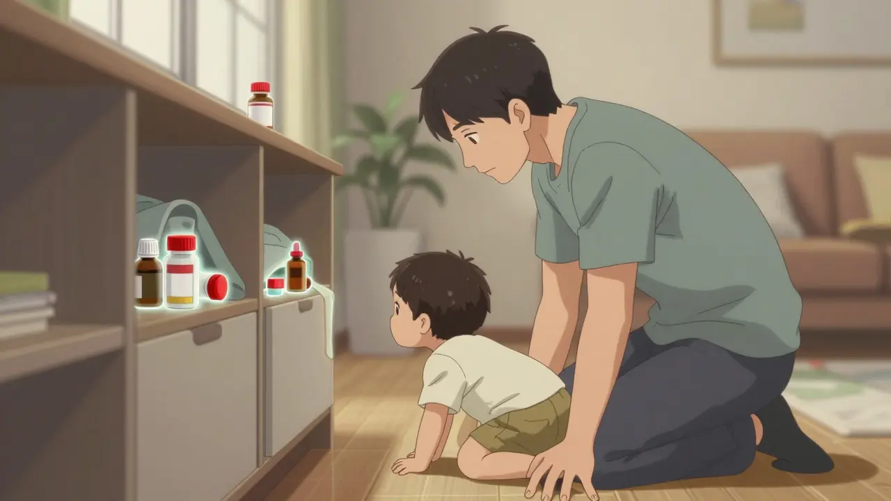 Parent inspecting home from toddler's eye level, spotting hidden medicine.