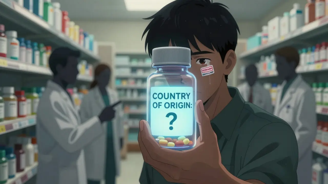 Patient examines pill bottle with transparent journey overlay showing ingredients from multiple countries.