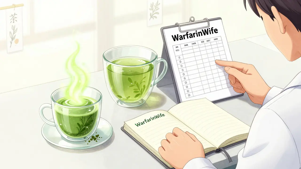 Patient logging tea intake with matcha and regular green tea beside them, doctor's hand guiding a stable INR chart.