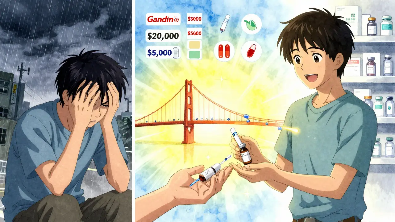 Patient receiving cheaper biosimilar instead of expensive biologic, connected by a bridge of pills.