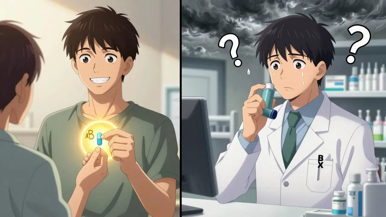 Patient receiving safe generic pill on one side, pharmacist hesitant with BX-coded inhaler on the other.