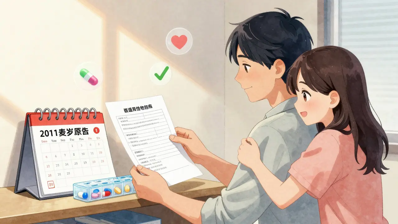 Patient smiling with updated medication summary, family member hugging, new pill organizer on shelf.