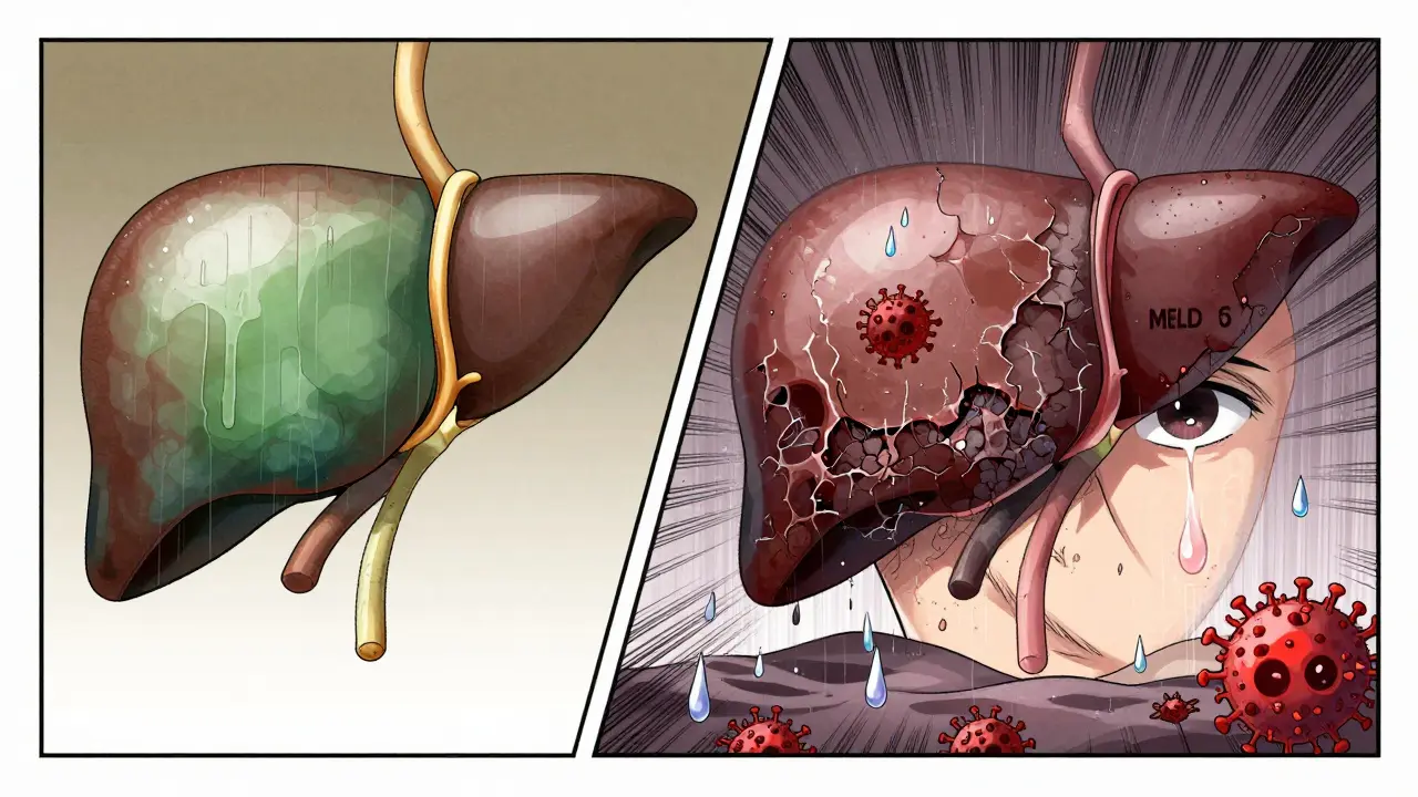 Side-by-side healthy and scarred liver, with a tear falling as medical symbols dissolve in rain.