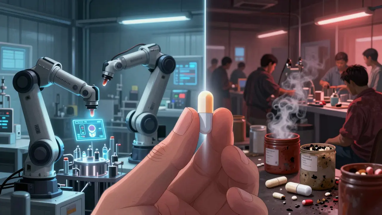 Split scene: efficient U.S. drug factory vs chaotic overseas plant, with a flawed pill in focus.