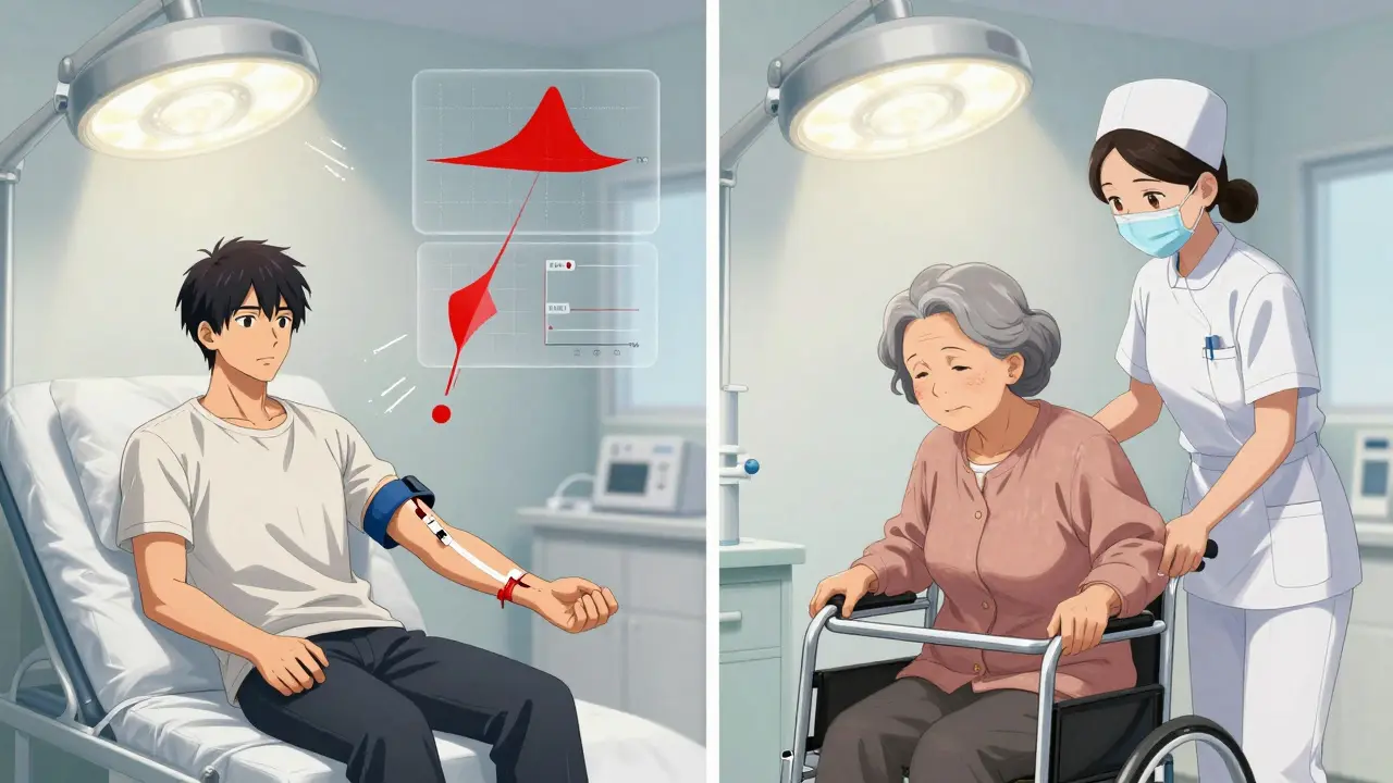 Split scene: young man and elderly woman undergoing blood tests, with diverging data graphs above.