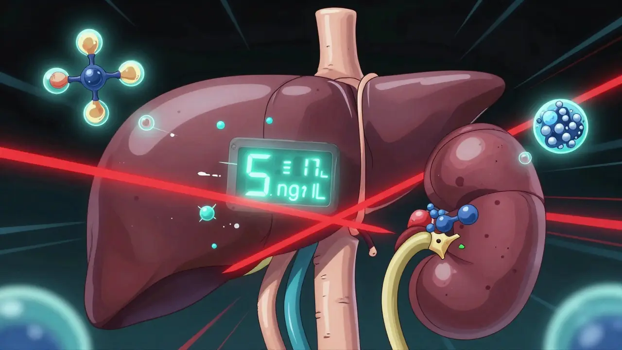 Stylized liver and kidney with T-cells attacking as drug levels drop below critical threshold.
