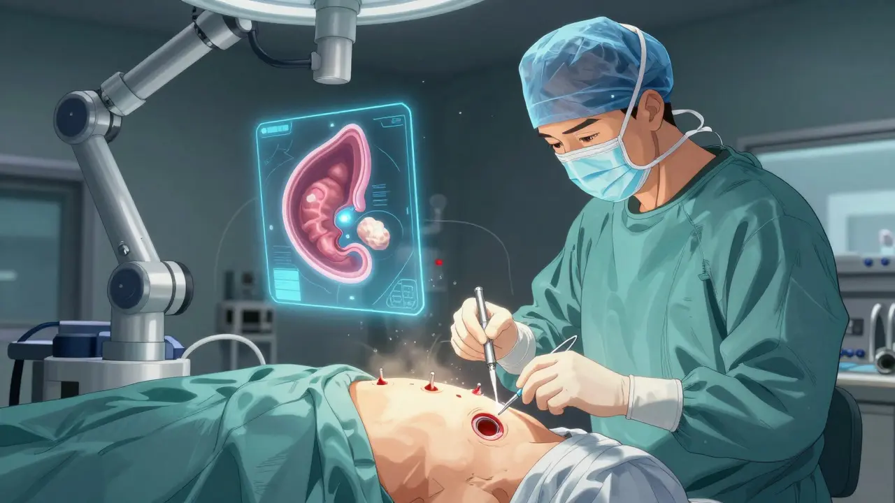 Surgeon performing laparoscopic gallbladder removal with holographic gallbladder display.