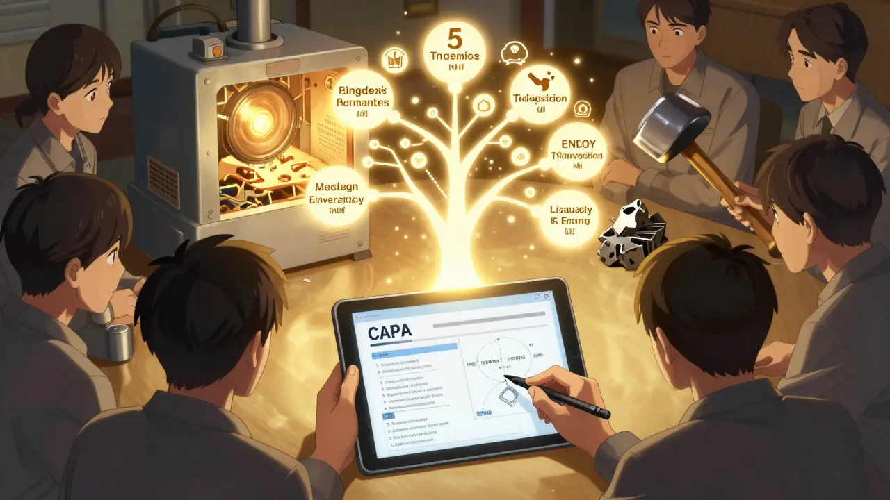 Team reviewing CAPA log with glowing 5 Whys diagram, repaired machine behind them, defective part being crushed.