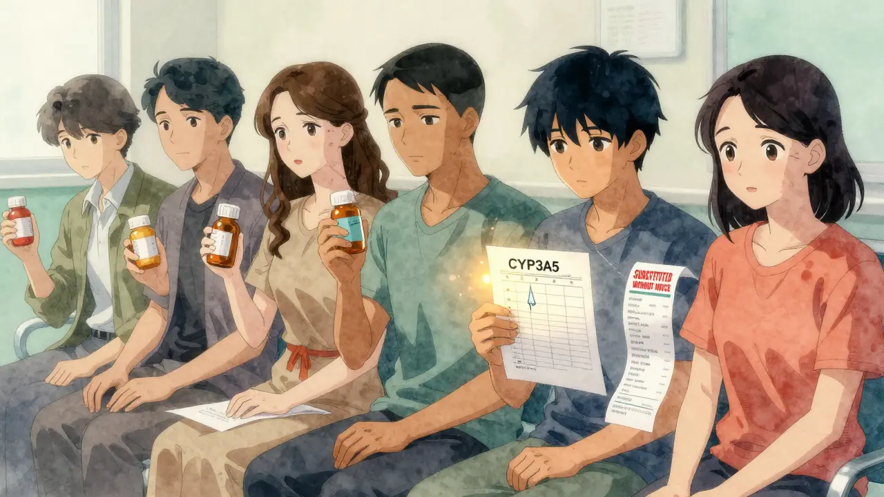 Transplant patients in clinic with different generic pills and genetic test results displayed.