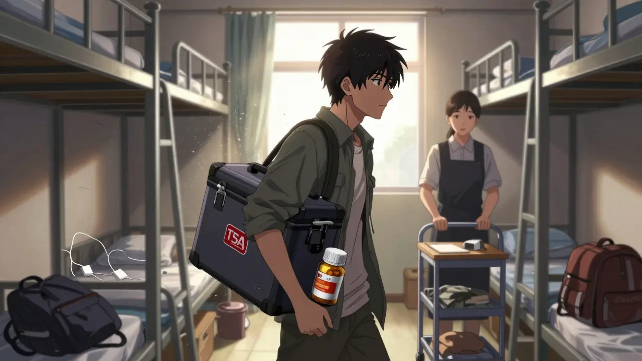 Traveler carrying a lock box in a crowded hostel dorm, avoiding housekeeping staff.