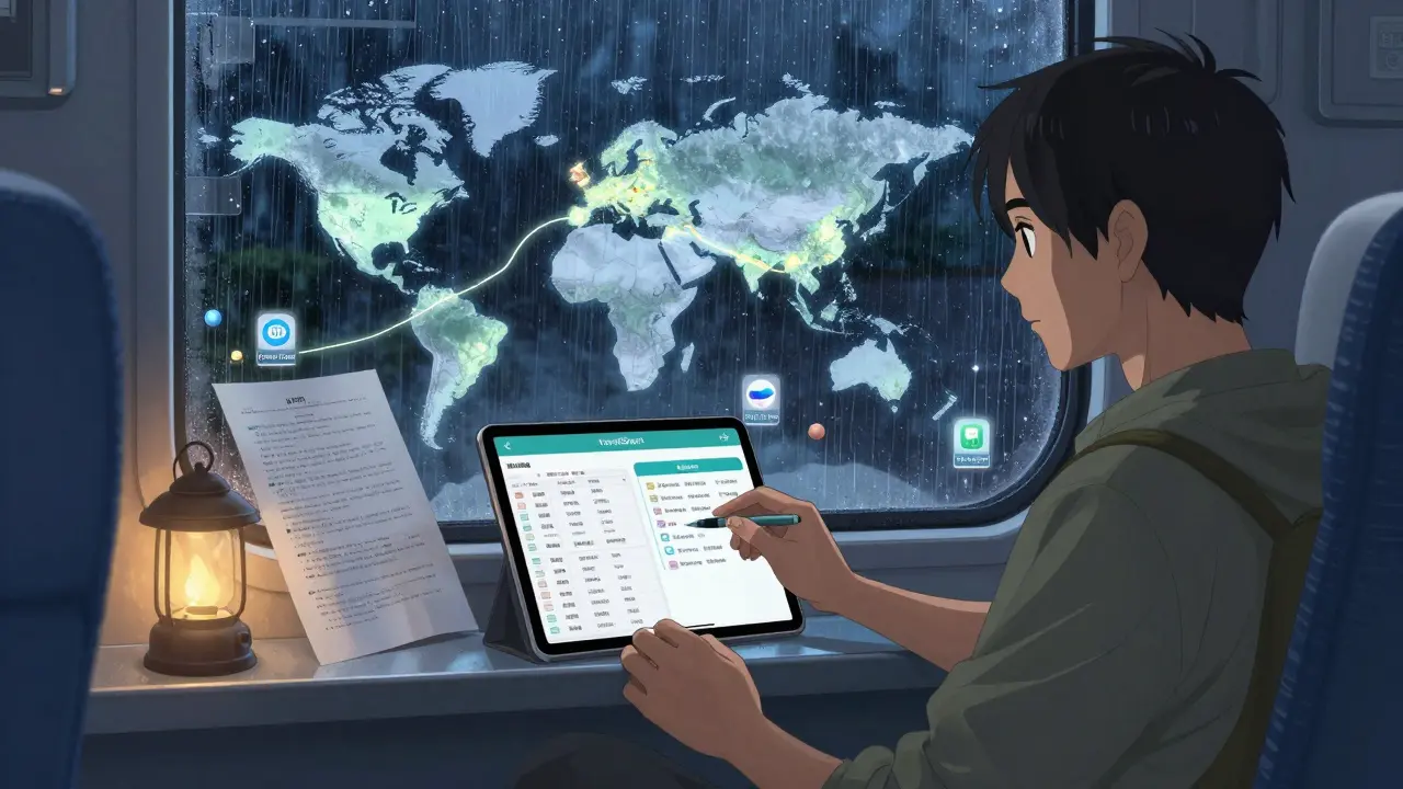 Traveler on a train with printed prescriptions and offline app dictionaries glowing on a tablet, world map in background.