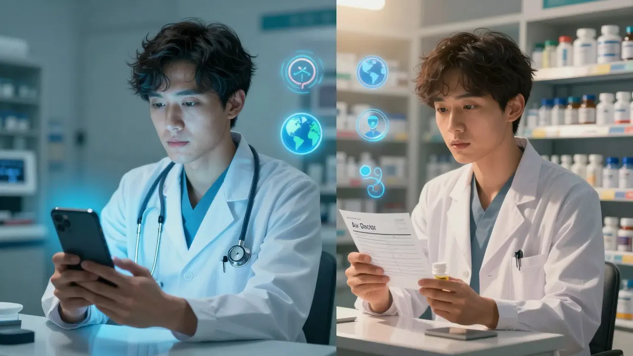 Traveler video-calling a doctor while holding a prescription, pharmacist standing nearby in a clinic setting.