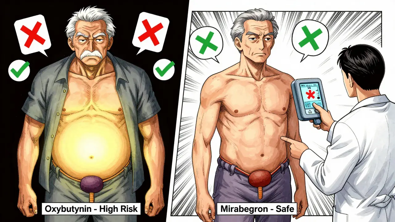 Two elderly men compared: one with dangerous swollen bladder, the other with safe, healthy bladder, drug labels with red Xs and green checks.
