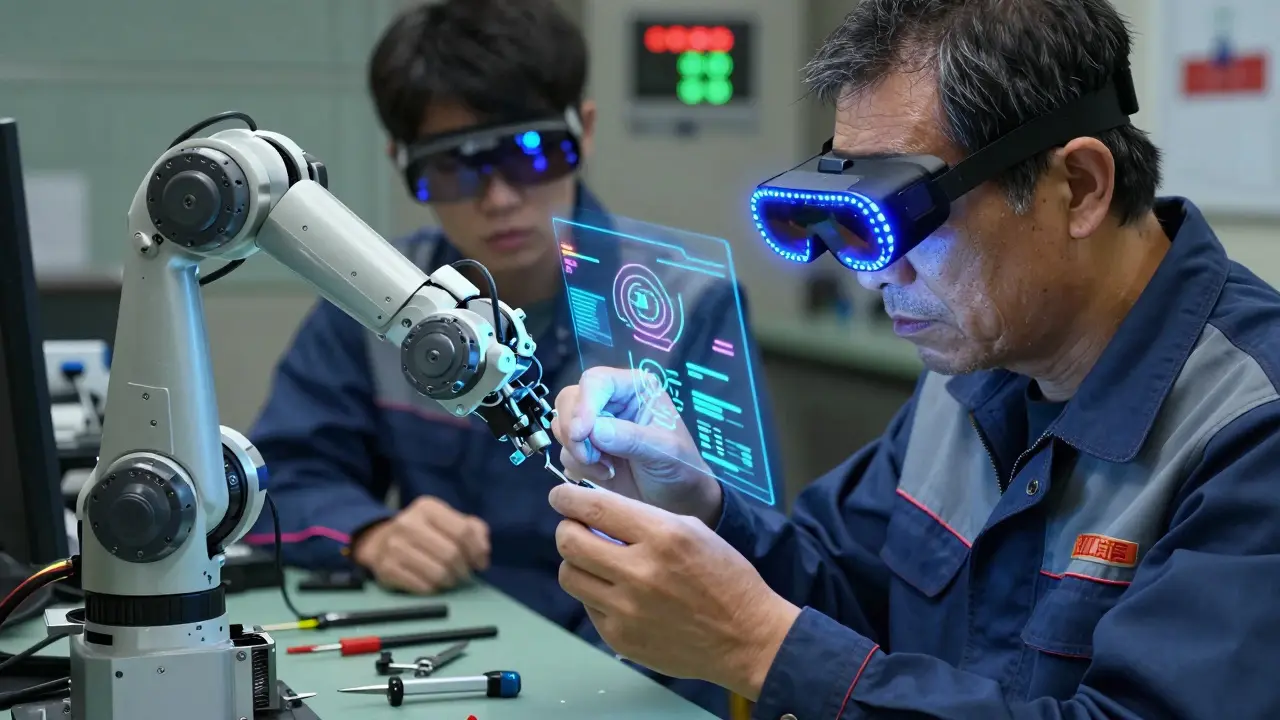 Veteran worker using AR goggles to guide assembly while a trainee watches, digital instructions floating in the air.