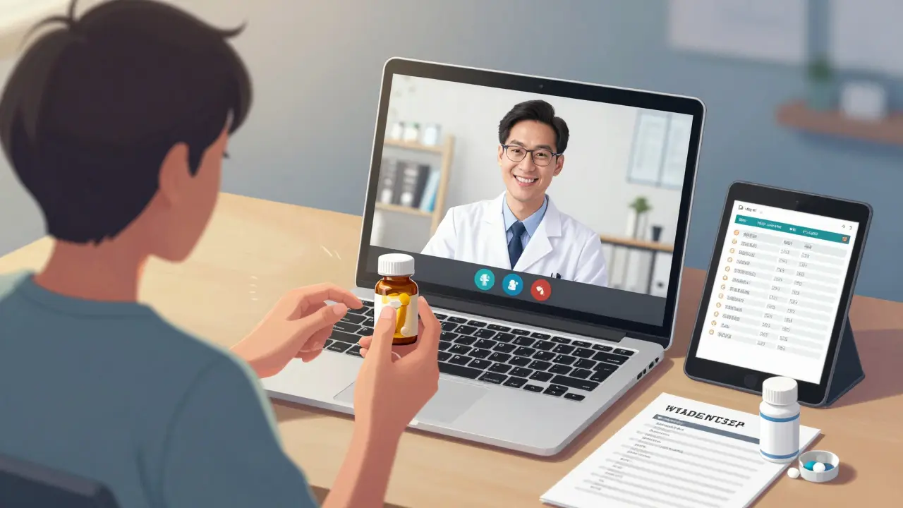 Virtual medication review on laptop, patient holding up pill bottles to camera, pharmacist on screen.
