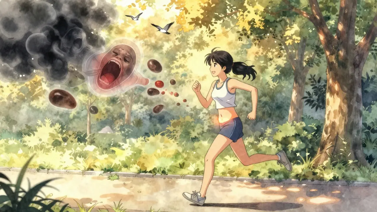 Woman jogging happily after gallbladder surgery, past pain fading behind her.