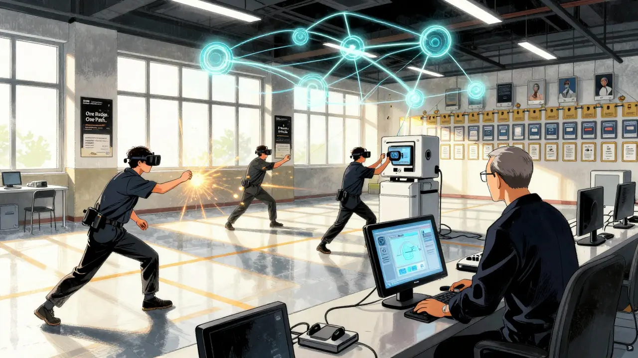 Workers immersed in VR training simulations, connected by glowing data streams in a modern learning center.