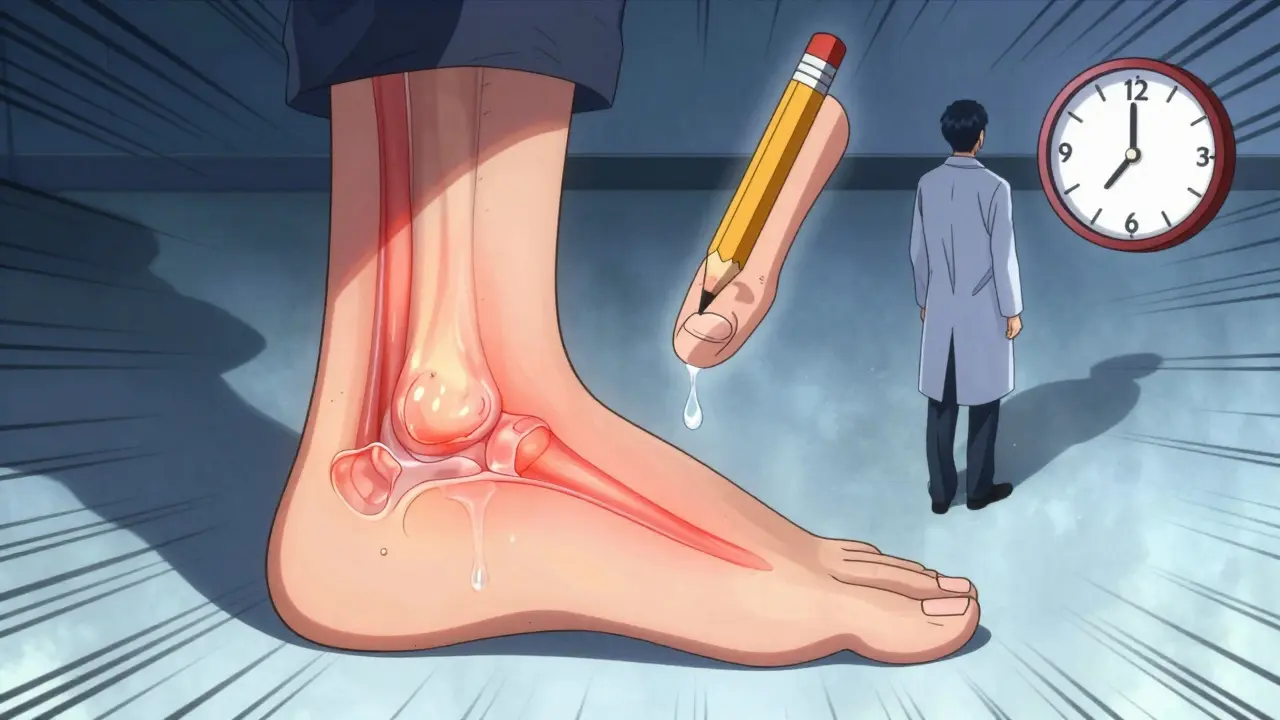 Close-up of inflamed heel and foot with glowing signs of tendon inflammation and warning symbols