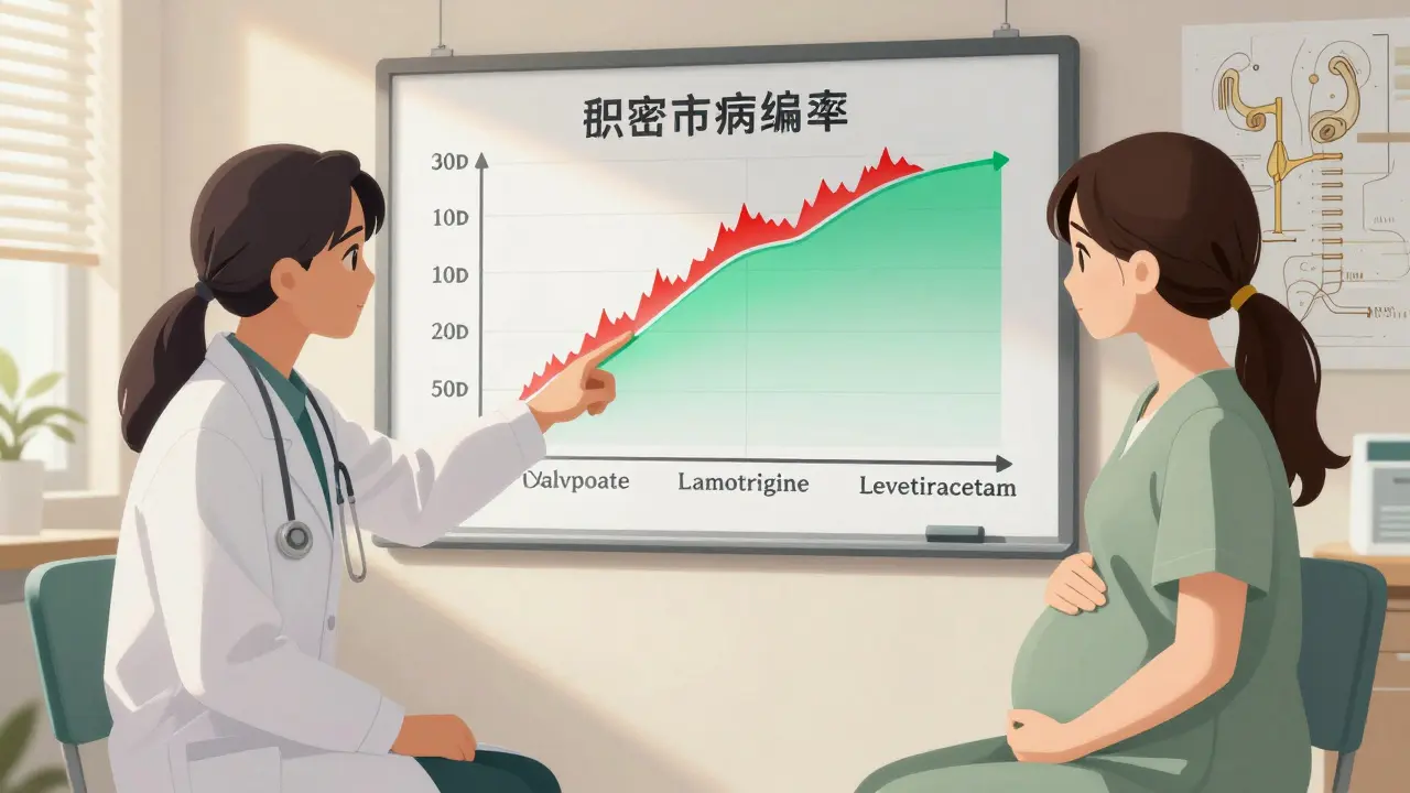 Doctor and patient reviewing birth defect risk chart in a sunlit clinic.