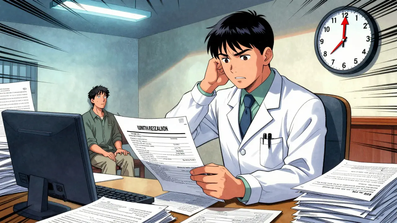 Doctor filling prior authorization paperwork with delayed clock symbol