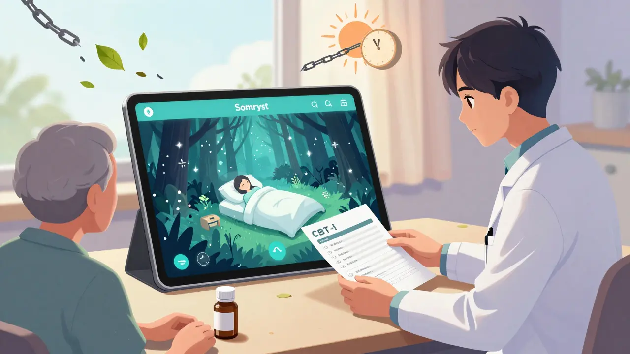 Doctor giving CBT-I plan instead of pills, with digital sleep app glowing on tablet.