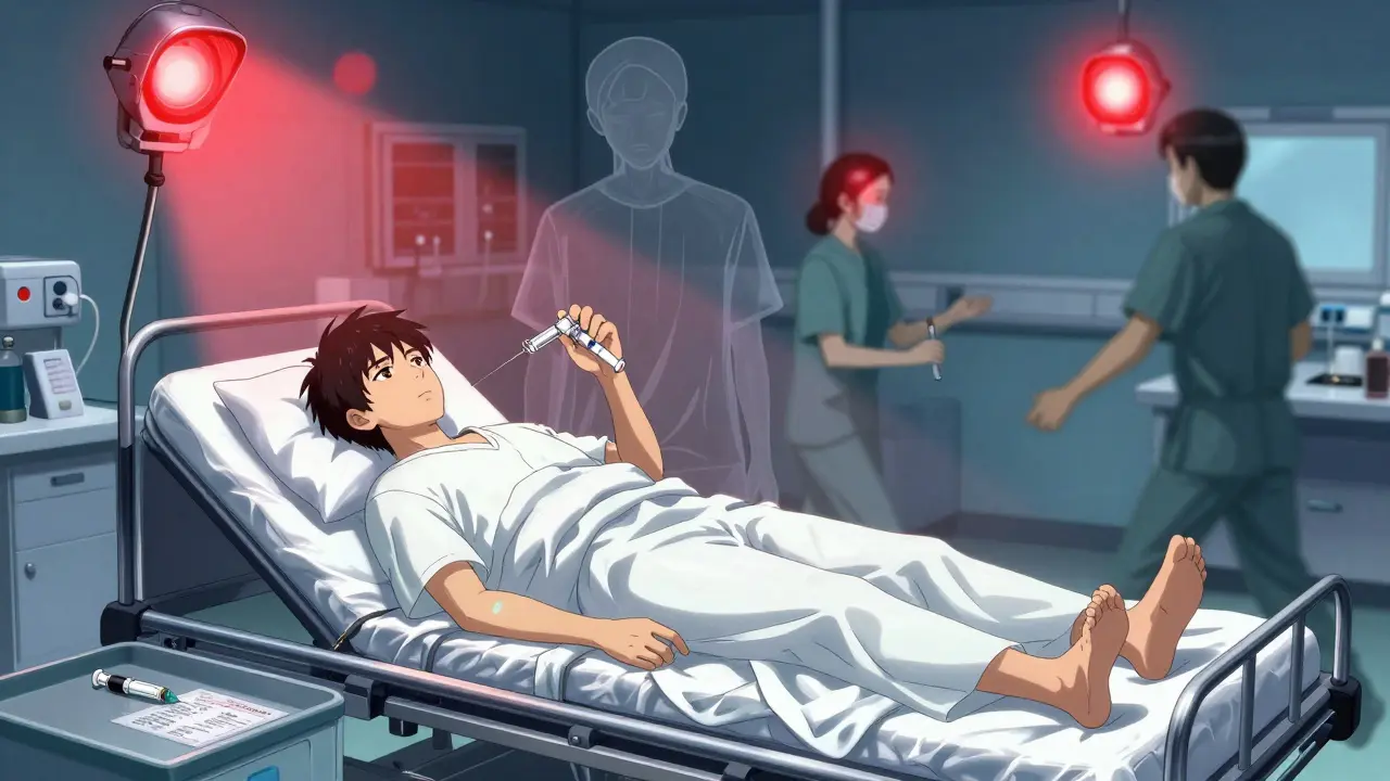 Emergency room scene with patient on gurney, empty epinephrine injector in hand, medical staff rushing.