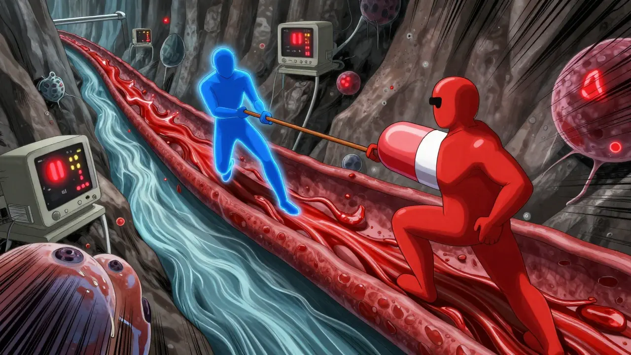 Methotrexate and NSAID figures struggling in a kidney tubule canyon, blocking blood flow.