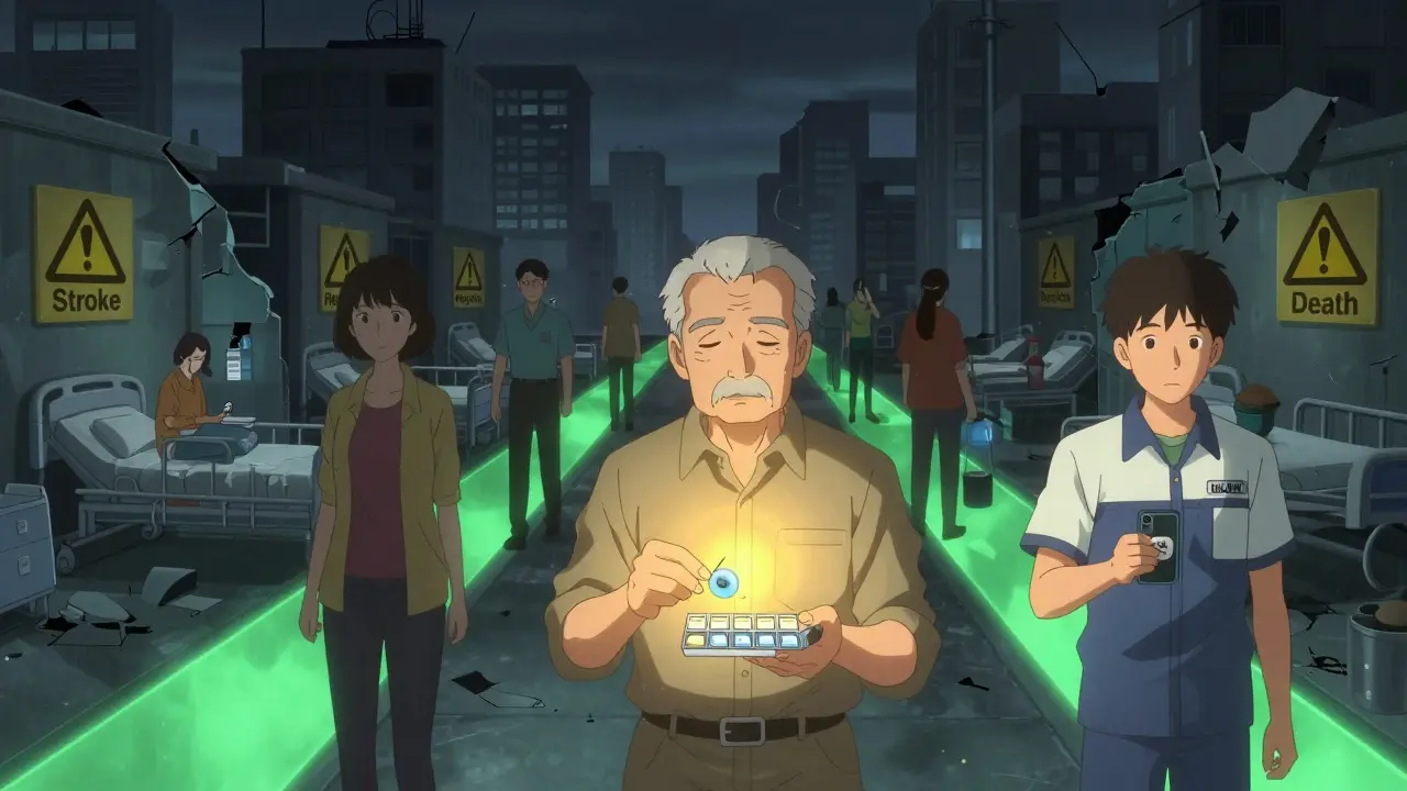 People using medication tools like pill organizers and alarms, while dark consequences loom behind them in a symbolic cityscape.