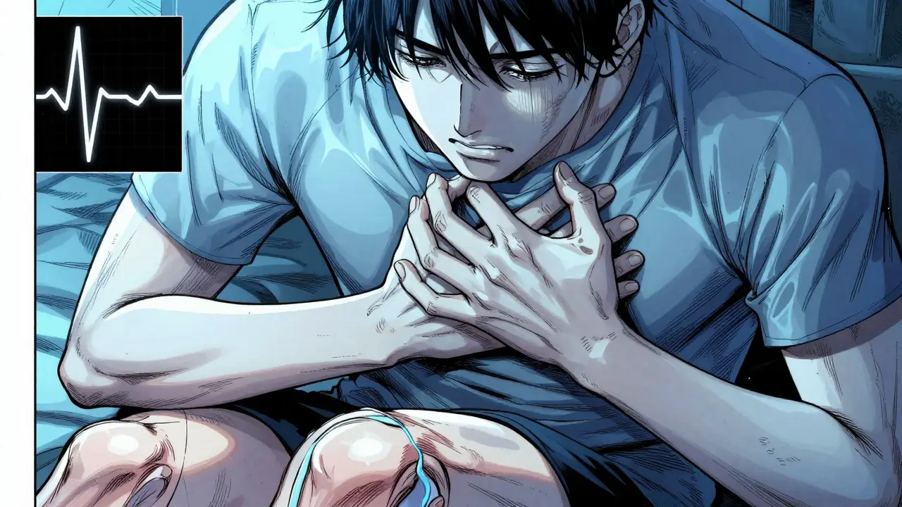 Person clutching chest with irregular heartbeat and muscle cramps