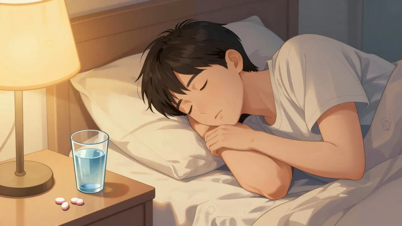 Person sleeping with elevated head and antacids on nightstand