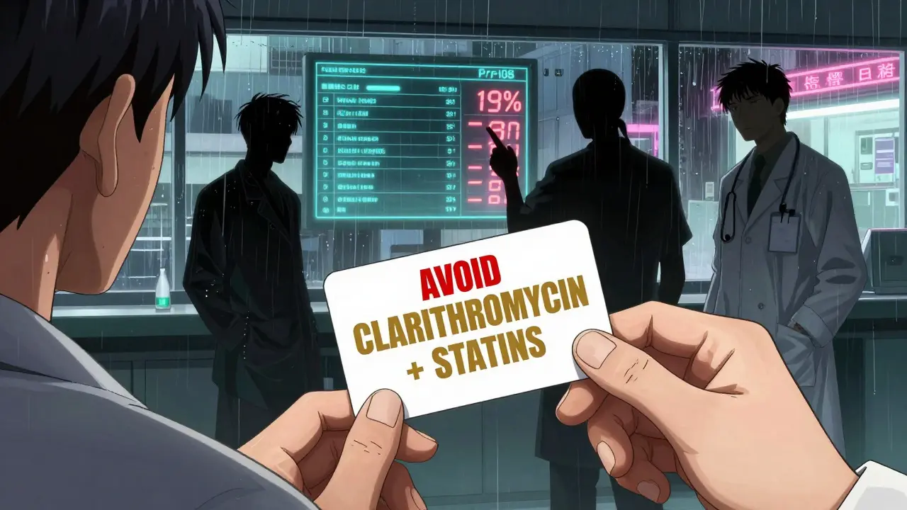 Pharmacist giving safety wallet card to patient, with doctors watching a digital error statistic in hospital setting.