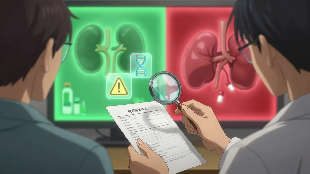 Pharmacist reviewing blood tests with safe and dangerous treatment paths shown in glowing split scene.