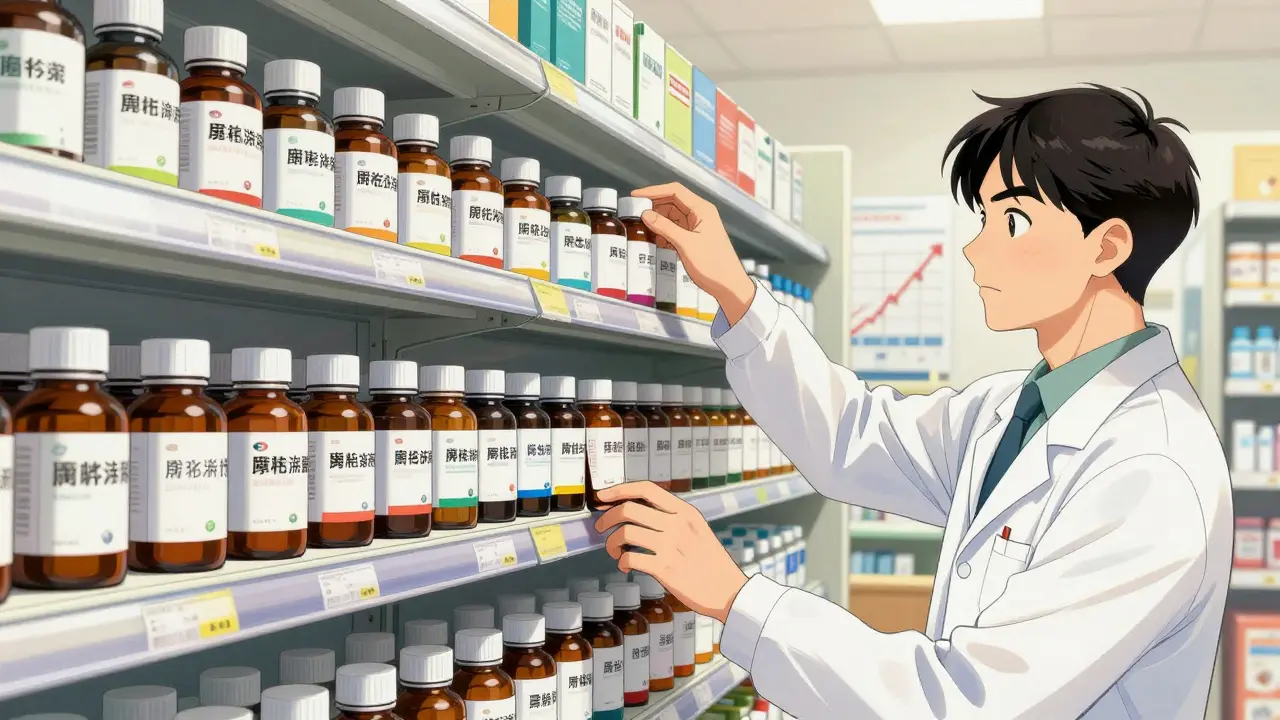 Pharmacy shelf with biosimilars displayed, reference biologic missing