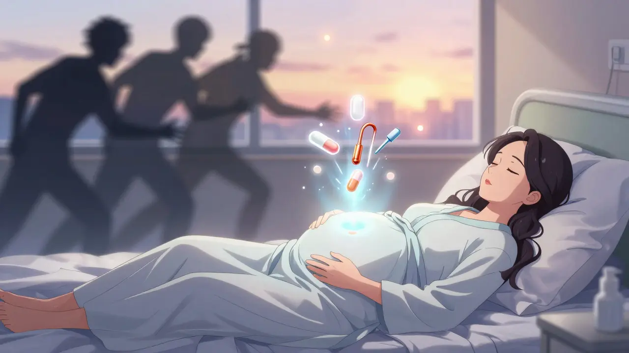 Pregnant woman asleep with protective aura as safer meds float above her.