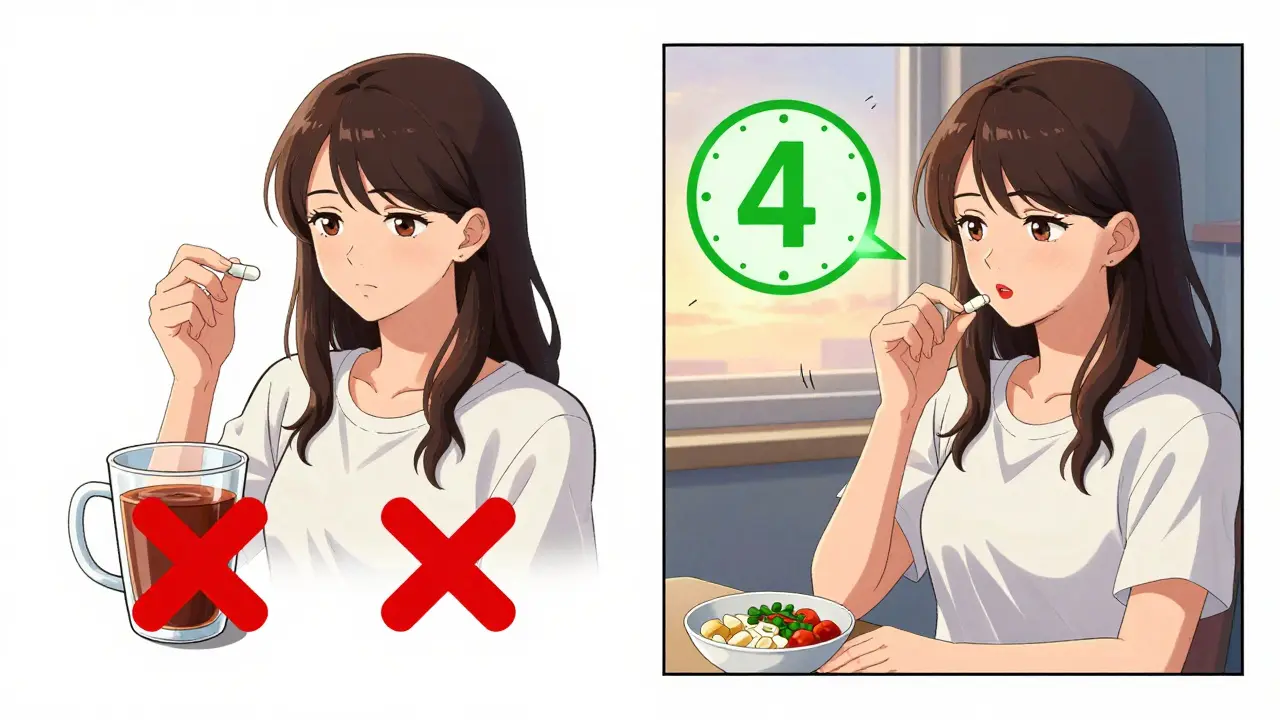 Split image showing correct and incorrect timing of thyroid medication and prenatal vitamins.