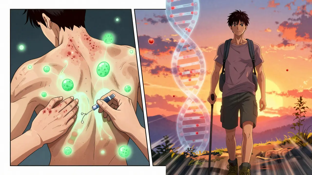 Split image showing treatment success and recovery from psoriatic arthritis with glowing energy