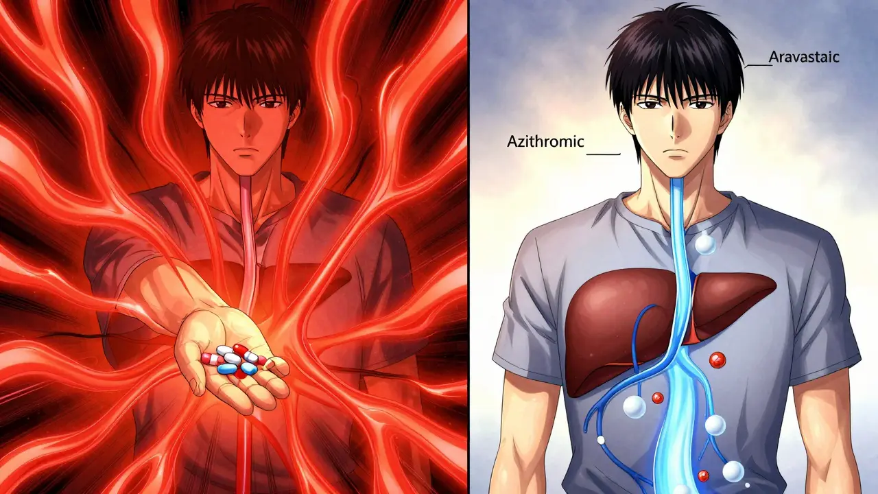 Split scene: left shows dangerous statin surge with clarithromycin, right shows safe flow with azithromycin and pravastatin.