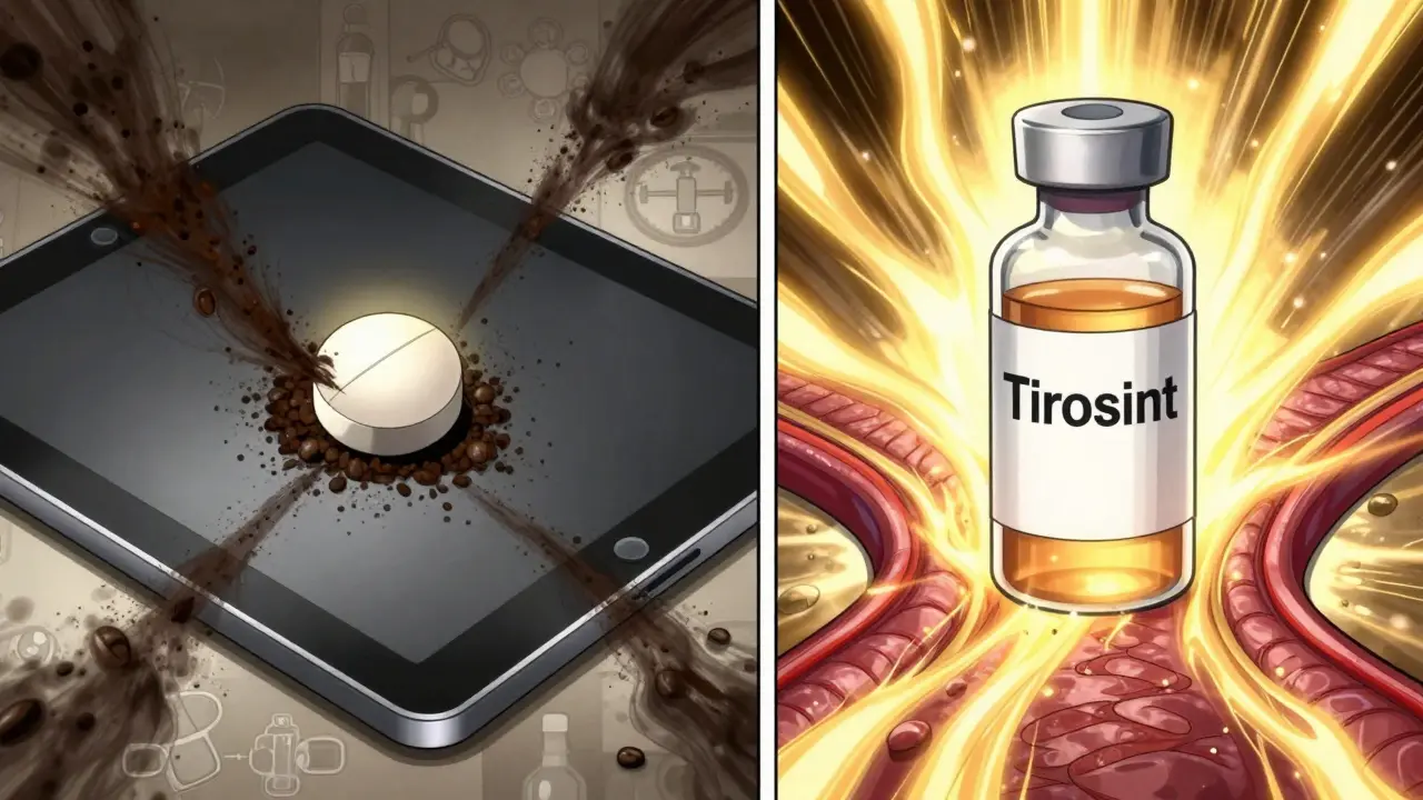 Split scene: tablet pill bound by coffee particles vs. liquid medication flowing freely into bloodstream.
