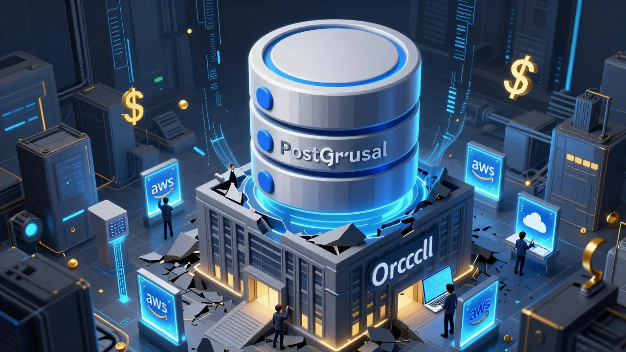 A corporate building collapses under an open-source database icon, with global developers uploading code to cloud servers.