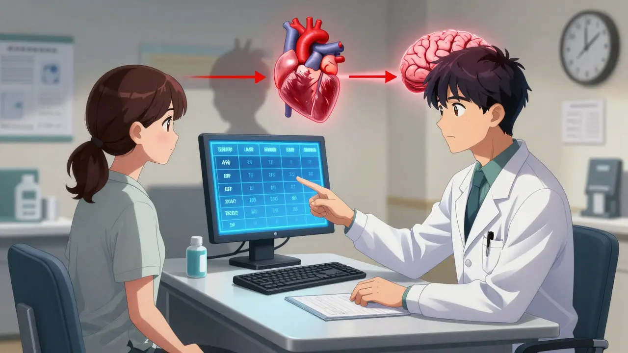 A doctor shows a risk calculator to a patient, with two life paths visible in shadow.