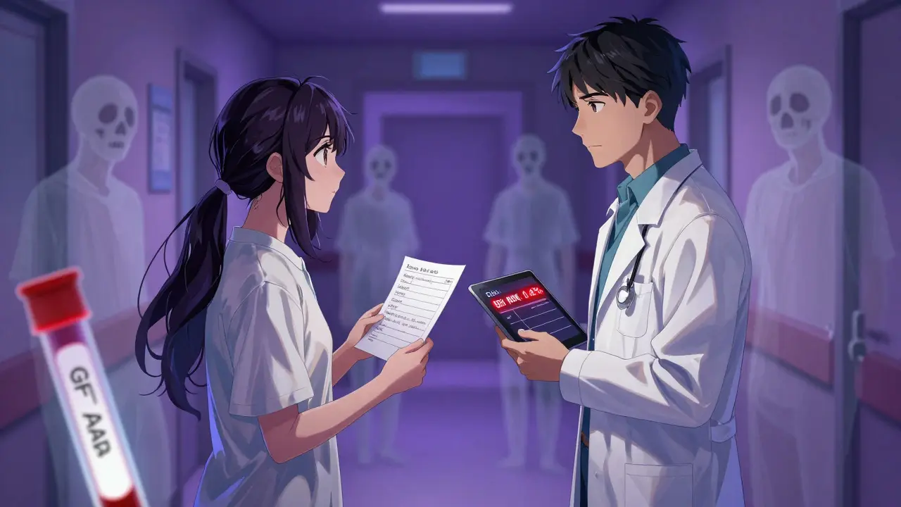 A patient confronts a doctor over a medication list, with ghostly paralyzed figures in the background and a glowing GFAP test tube in foreground.