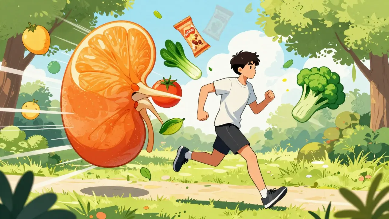 Active person running near colorful healthy vegetables