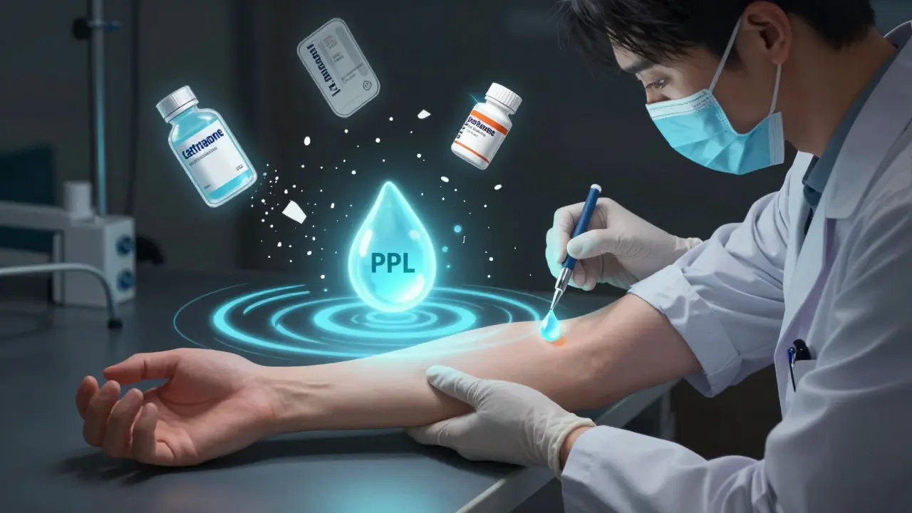 Allergist performs skin test with glowing droplets, while alternative antibiotics shatter into dust, representing accurate allergy testing.