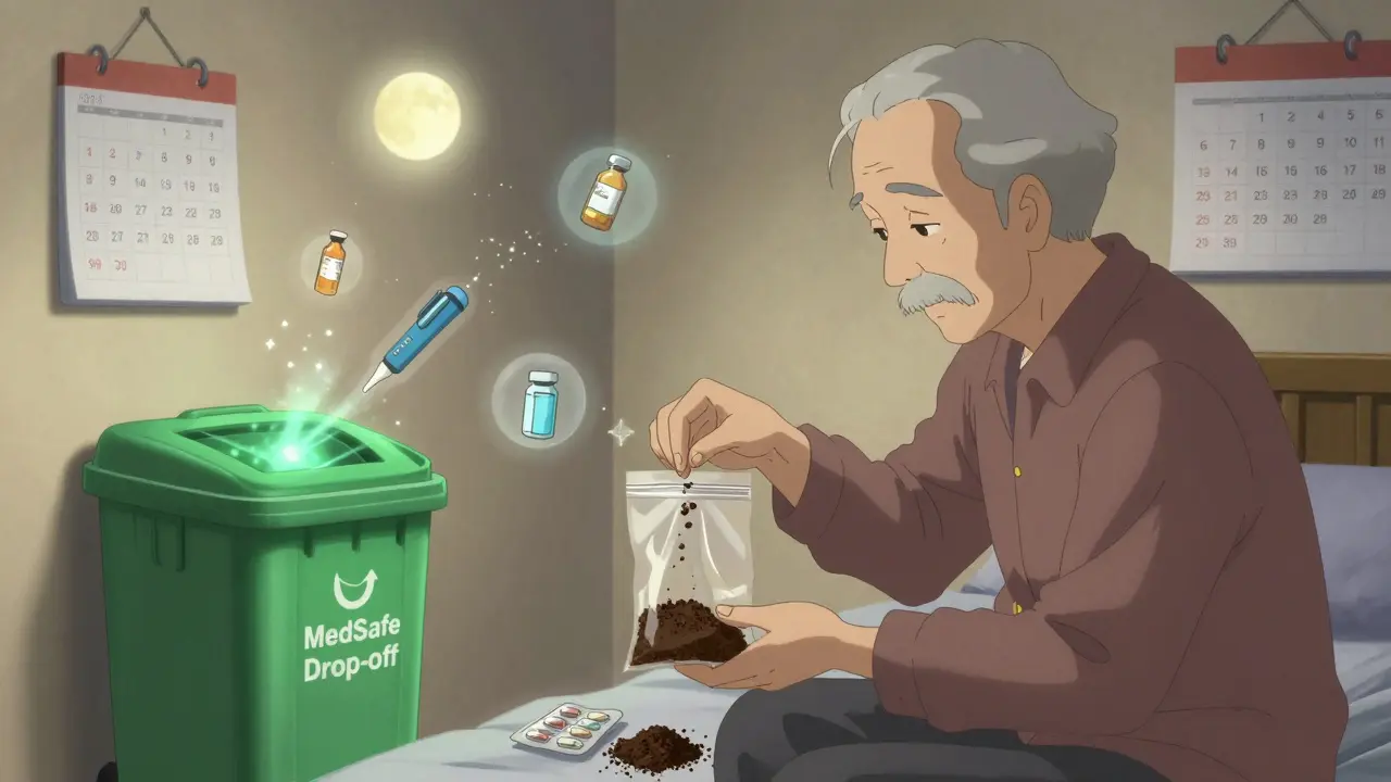 An elderly person disposing of expired meds in a sealed bag, with a symbolic safe disposal bin nearby.