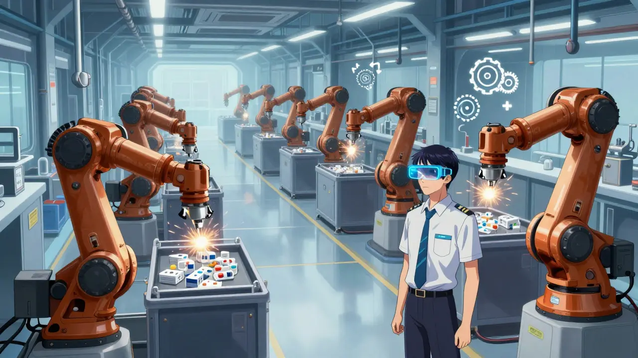 Automated factory assembly line with robotic arms producing medicine